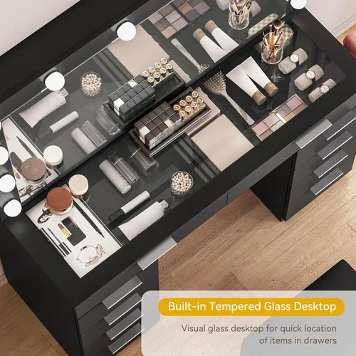 Miniatura 3 de DWVO Tocador de maquillaje con parte superior de vidrio de 46 pulgadas con 10 cajones, juego de escritorio con espejo LED grande, estación de carga