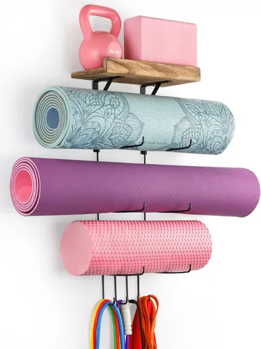 VINAEMO - Soporte para esterilla de yoga, accesorios, organizador de montaje en pared, almacenamiento, decoración, rodillo de espuma y Negro