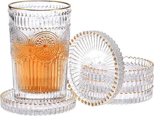Miniatura 11 de Juego de 5 posavasos modernos transparentes de cristal para bebidas, posavasos redondos y elegantes, bonitos posavasos para mesa de café para Ámbar