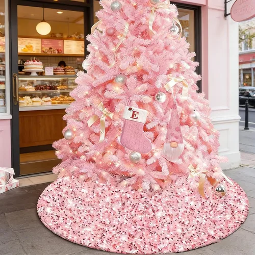 yuboo Falda de árbol de Navidad de lentejuelas rosas de 48 pulgadas, falda de árbol de Navidad con purpurina rosa rubor para una amplia gama de