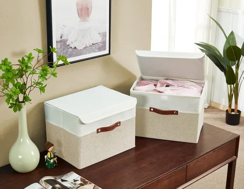 Miniatura 7 de DECOMOMO - Cubos plegables de almacenamiento con tapas, canastas resistentes de tela catiónica, cubos con asas, para organización de estantes, Beige