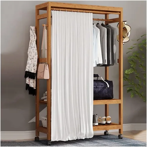 Miniatura 8 de Perchero de madera independiente para ropa, con 2 estantes de almacenamiento y 4 ganchos, ideal para almacenamiento de ropa de dormitorio