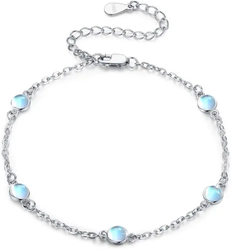 Cuoka MoonstoneBracelets925SterlingSilverRainbowRoundMoonstoneGirlBraceletMoonstoneJewelleryforWomen Gilrs Girlfriend Mom (Round, Silver)