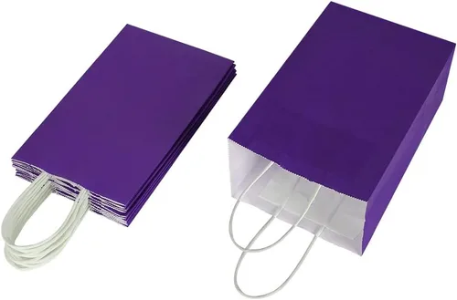 Miniatura 4 de Oikss Paquete de 50 bolsas pequeñas de papel kraft morado de 5.25 x 3.25 x 8.25 pulgadas con asas a granel para cumpleaños, bodas, fiestas, Púrpura