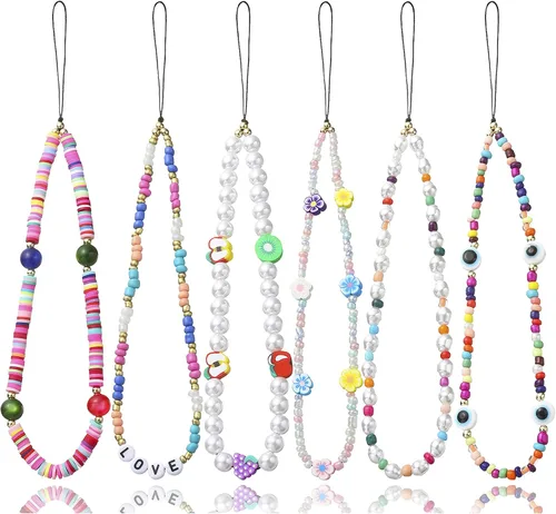 Miniatura 9 de 6 dijes con cuentas para teléfono, correas con cuentas de frutas, estrellas, perlas falsas y arcoíris, cadenas de teléfono con cuentas para cámara