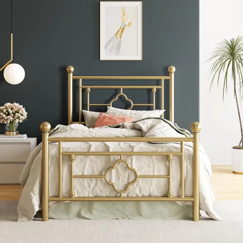 HOOMIC Base de cama de plataforma metálica de tamaño individual de 14 pulgadas con estilo victoriano vintage, cabecera y estribo de hierro Dorado