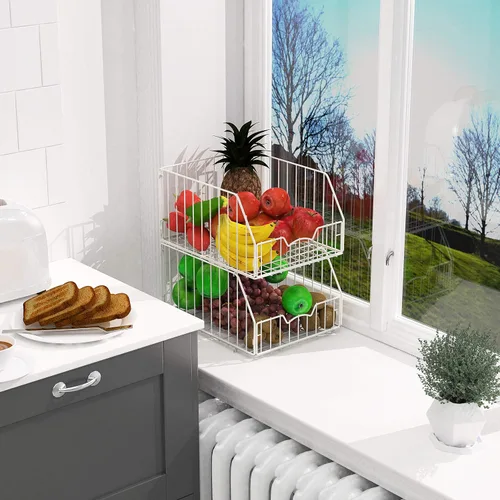 Miniatura 4 de Simple Houseware Paquete de 2 cestas apilables de alambre de rejilla, color blanco, 13 pulgadas