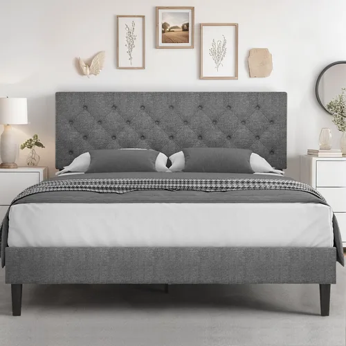 Miniatura 27 de HOMBCK Marco de Cama Queen con Cabecera Capitoné con Botones, Marco de Cama de Plataforma Tapizada Azul, Tela Suave/Soporte de Listones de Madera/No