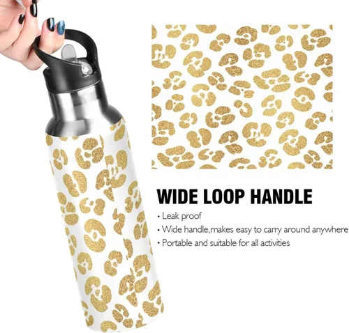 Miniatura 4 de Gold Leopard Spots White Insulated Water Bottle 32 Oz Leakproof Water Bottles, BPA-Free Sports Water Bottle with Straw