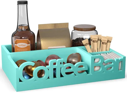 Miniatura 19 de Organizador de Barra de Café para Encimera – Caddy de Estación de Café de Madera con Compartimentos para Cápsulas, Condimentos, Té y Accesorios