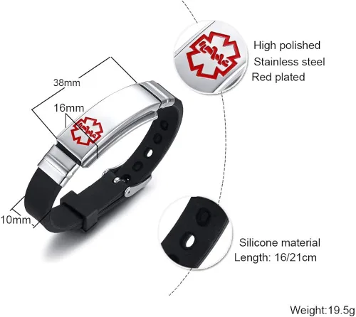 Miniatura 2 de Free Engraving Unisex Silicone and Stainless Steel Medical Alert ID Bracelets, Adjustable