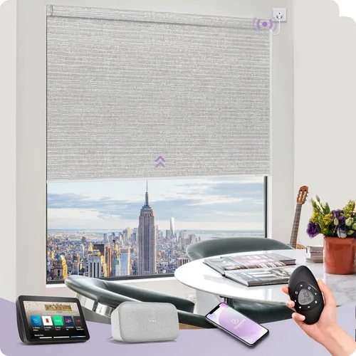 Miniatura 23 de Graywind Persiana enrollable motorizada funciona con Alexa Google, persianas inteligentes 100% opacas recargables con control remoto de motor