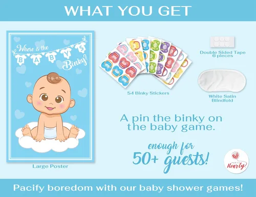 Miniatura 2 de Fiesta Hearty Pin el chupete en el bebé, juego de baby shower - Blue Boy 1 póster grande, 56 calcomanías coloridas de Binky, 1 cinta adhesiva