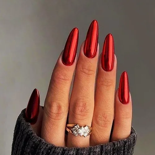 Miniatura 19 de Uñas postizas cromadas negras a presión de almendra mediana, uñas postizas de aguja con diseño brillante, uñas postizas acrílicas de metal brillante