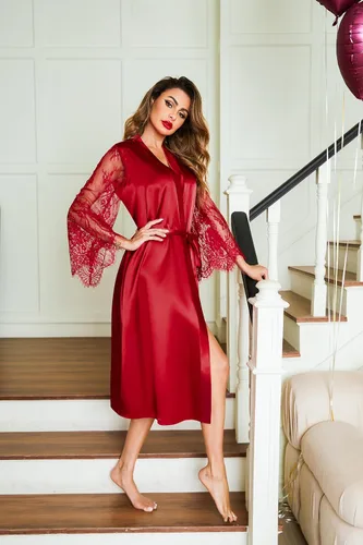 Miniatura 5 de Avidlove Bata tipo kimono de encaje floral para mujer, de manga larga, bata de baño, bata de novia