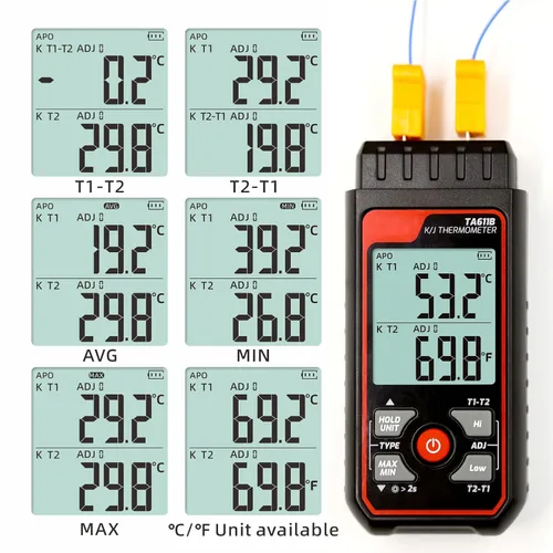 Miniatura 3 de Termómetro de termopar digital de doble canal tipo K/J -328 ~ 2501℉ Medidor de temperatura HVAC con 4 sondas de termopar tipo k, alarma