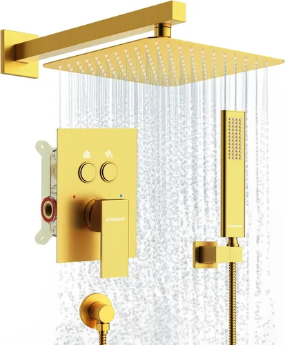 Juego de grifo de ducha con desviador de botón y codo de suministro de pared, cabezal de ducha de 10 pulgadas, dorado cepillado