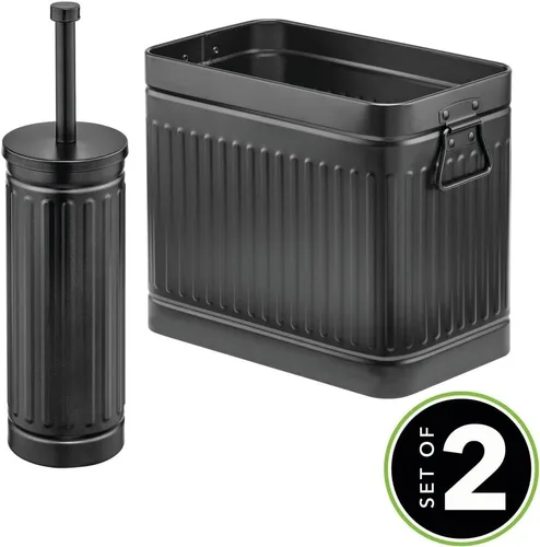 Miniatura 2 de mDesign Cepillo de inodoro compacto de metal, cubo de basura rectangular, cubo de basura/cubo de reciclaje combinado para limpieza y almacenamiento