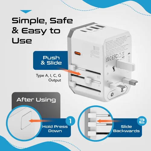 Miniatura 8 de Ceptics Adaptador de viaje universal 6 en 1 con PD 70W USB-C y 2X USB-A y 2X USB-C 3A, cargador universal con QC 3.0 para EE. UU./UE/Reino Unido/AU