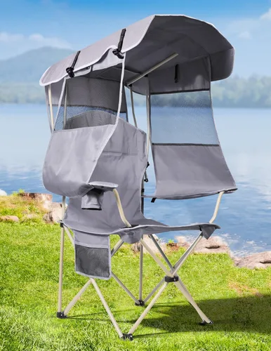 Miniatura 8 de Docusvect Silla de Playa con Toldo de Sombra, Silla de Camping Plegable con Toldo con Portavasos, Bolsillo Lateral para Campamento, Playa, Fiestas