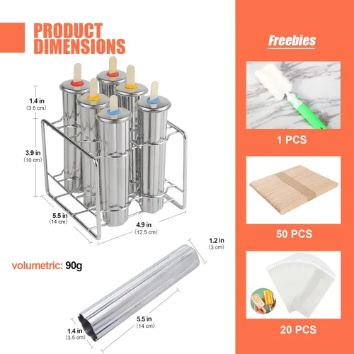 Miniatura 5 de Moldes de paletas de acero inoxidable, juego de 6 moldes para helado, moldes para paletas de hielo con soporte, moldes reutilizables de metal