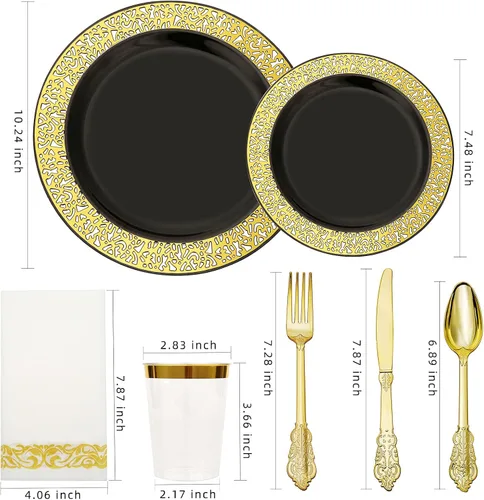 Miniatura 2 de El juego de vajilla de plástico dorado de 350 piezas incluye platos desechables negros con cubiertos de plástico dorado únicos, servilletas de lino