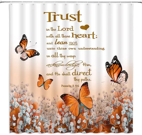 Miniatura 5 de GCTNBJL Cortina de ducha con cita inspiradora, diseño de mariposa y flores azules y verde azulado con texto en inglés "Trust in the Lord