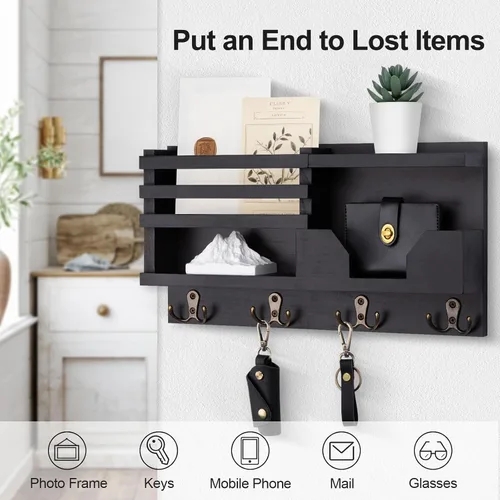 Miniatura 2 de Lwenki Organizador de Correo y Llavero para Pared - Organizador Decorativo de Entrada de 15.9" x 8.7" x 3.2" con Estante - Madera de Paulownia con 4