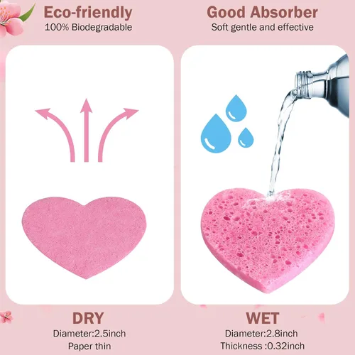 Miniatura 2 de Dandat 300 esponjas faciales comprimidas en forma de corazón, esponjas faciales para limpieza, almohadillas exfoliantes faciales naturales para Rosa