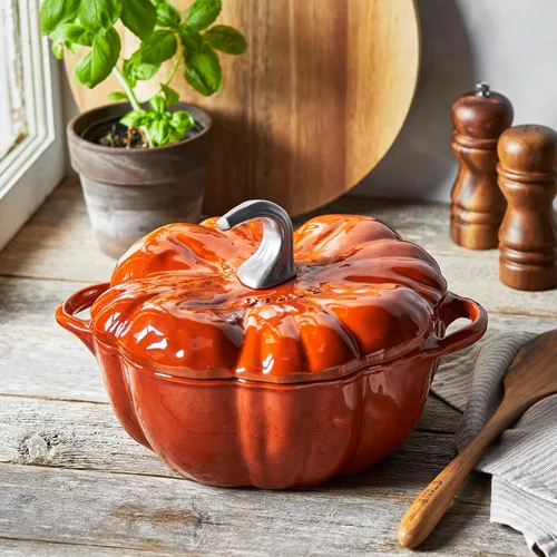 Miniatura 5 de STAUB Horno holandés de hierro fundido de 3.5 cuartos de galón de calabaza con perilla de acero inoxidable, fabricado en Francia, sirve 3-4, naranja