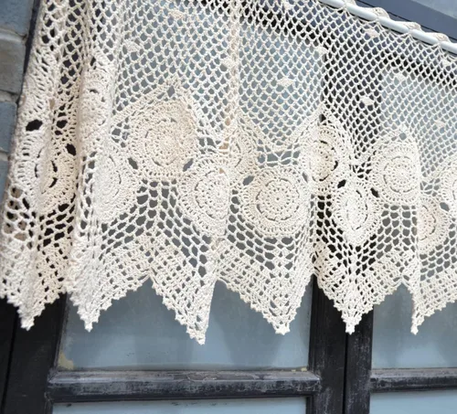 Miniatura 2 de Cenefa de cortina de ventana de encaje de ganchillo a mano para cocina, cafetería, estilo rústico francés