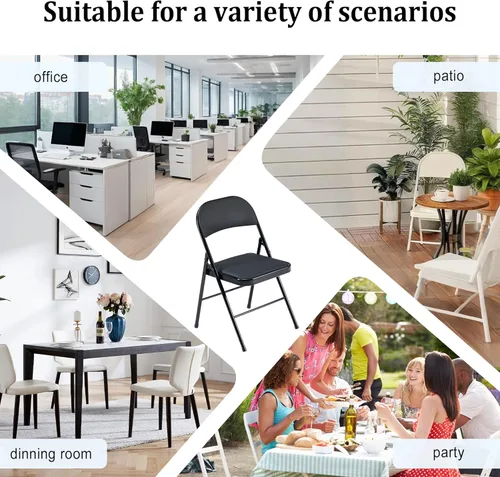Miniatura 5 de Paquete de 4 sillas plegables negras, capacidad de 330 libras con cojín y respaldo acolchados, asiento comercial portátil resistente con marco
