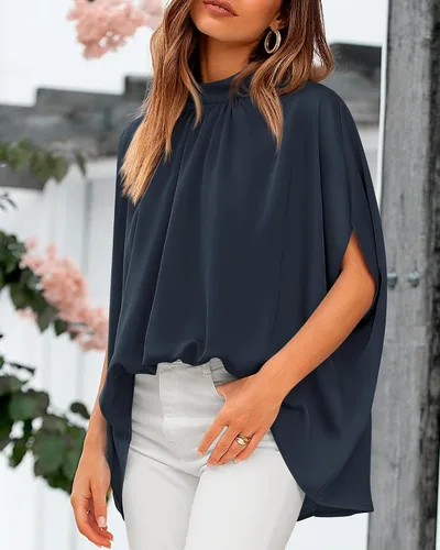 Miniatura 134 de BTFBM Blusas de verano para mujer, cuello alto falso, manga murciélago, holgadas, dobladillo alto y bajo, blusas informales de gran