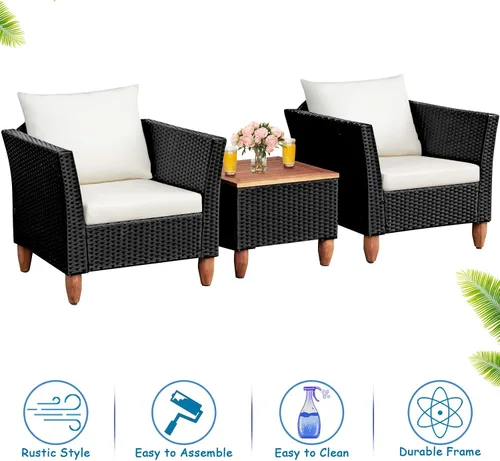 Miniatura 6 de COSTWAY Juego de muebles de ratán de 3 piezas, juego de sillas de mimbre para exteriores con mesa de centro de madera de acacia y cojín lavable
