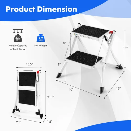 Miniatura 7 de Goplus Escalera de 2 escalones, taburete plegable ligero con pedales antideslizantes, cubiertas antideslizantes para pies, escalera de mano de metal