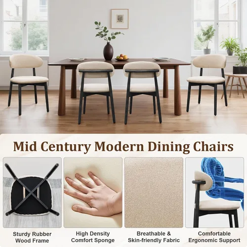 Miniatura 3 de Juego de 2 sillas de comedor estilo granja, sillas de cocina tapizadas de tela moderna de mediados de siglo, sillas de comedor de madera