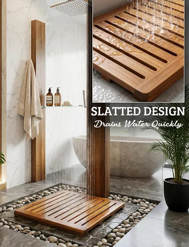 Miniatura 5 de Alfombra de ducha de madera de acacia 21x21 pulgadas de Demigo, lujosa alfombra de baño antideslizante para baño, bañera, ducha, spa, jardín, hogar