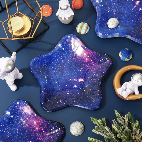 Miniatura 4 de Whaline 40 platos de papel de estrella, platos desechables de galaxia espacial, coloridos platos decorativos de postre para vacaciones, cumpleaños