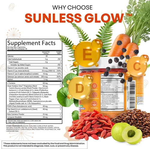 Miniatura 5 de Gomas bronceadoras de licopeno y betacaroteno sin sol, con astaxantina, vitamina C, D, E, semilla de lino, selenio, amla, tirosina, PABA, pimienta