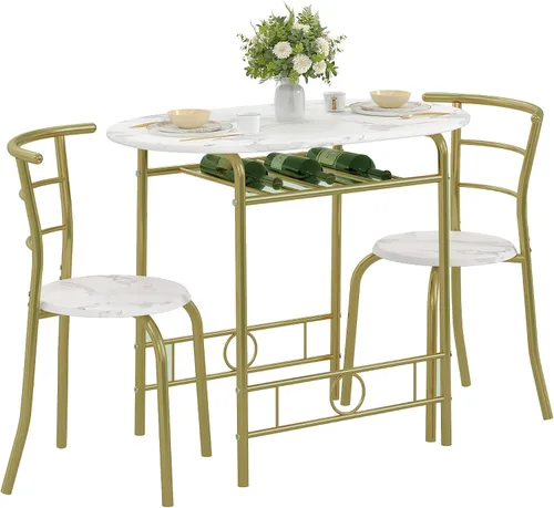 Miniatura 9 de VECELO juego de mesa de comedor de 3 piezas para cocina o desayunador, con superficie ovalada de grano de madera y estructura de metal con estante