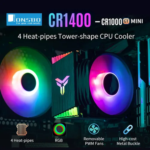 Miniatura 3 de JONSBO CR1400 - Enfriador de aire de CPU RGB, enfriador de CPU PWM de 92 mm con 4 tubos de calor, ventiladores de PC de computadora removibles