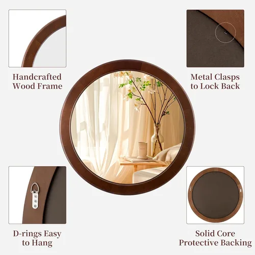 Miniatura 5 de CULER Espejo redondo de madera de 24 pulgadas, espejo circular con marco de nogal para pared, espejo de pared redondo decorativo rústico para baño