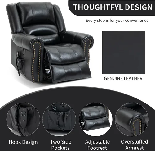 Miniatura 8 de Silla elevadora eléctrica de doble motor, silla reclinable plana con masaje y calor para personas mayores, control remoto, posición infinita, Negro
