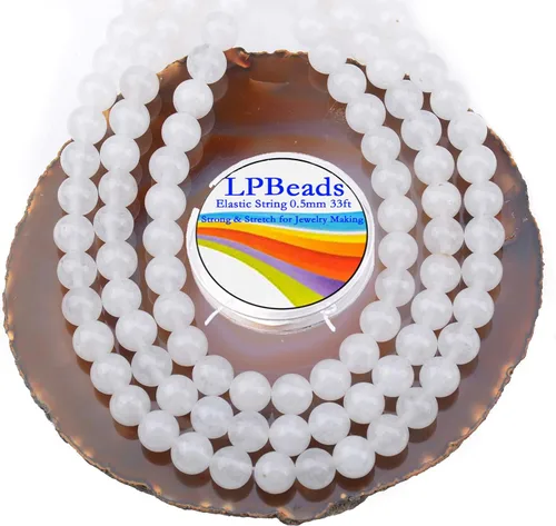 LPBeads 100 piezas de cuentas sueltas de jade blanco natural pulido de 8 mm y redondo con cordón elástico para hacer joyas y pulseras Jade blanco