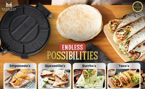 Miniatura 5 de Movaluxe® Prensa de tortilla de hierro fundido de 10 pulgadas XL - Máquina para hacer maíz y harina Roti Prensador de tortillera resistente. Con