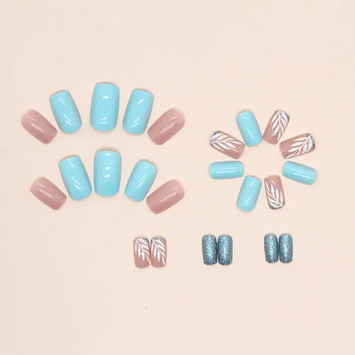 Miniatura 2 de Uñas postizas cortas cuadradas con forma de ataúd, cobertura completa, reutilizables, con pegamento, uñas adhesivas con diseños de hojas blancas