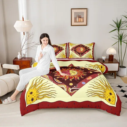 Miniatura 10 de Juego de edredón de champiñones para niños, tamaño individual, juego de ropa de cama romántica con sol, luna, cielo estrellado y galaxia, decoración