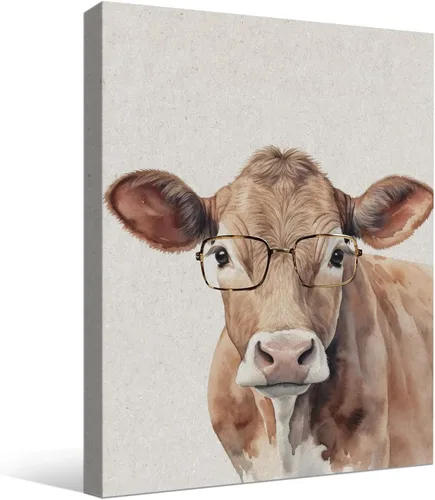 Imágenes de ganado de granja, decoración de pared, divertido retrato de vaca, impresiones artísticas de animales con gafas, póster enmarcado y listo