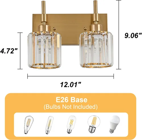 Miniatura 3 de Lámparas de baño doradas, 2 lámparas de tocador de cristal para baño, luces modernas de latón sobre espejo