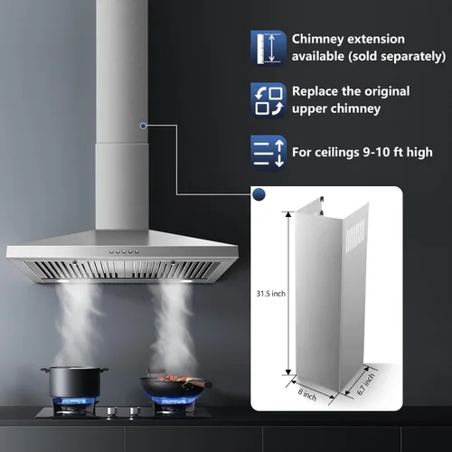 Miniatura 6 de SNDOAS Campana extractora de 30 pulgadas, campana extractora de acero inoxidable para montaje en pared de 30 pulgadas, ventilación de estufa